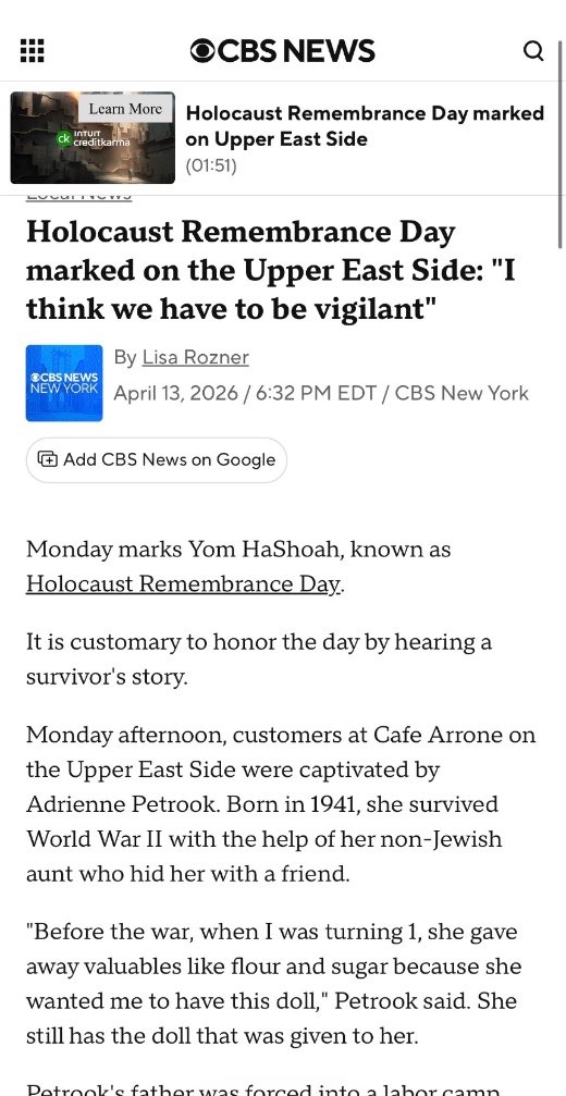 Holocaust Remembrance Day marked on the Upper East Side: \u201CI think we have to be vigilant\u201D — CBS News