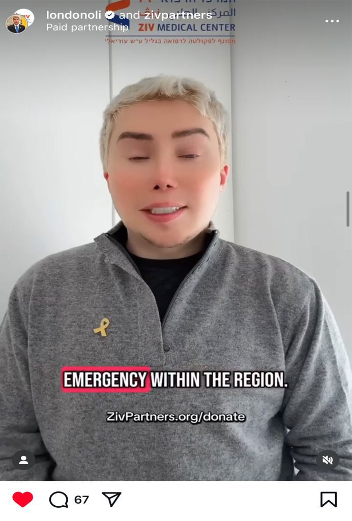 Partnership post by londonoli and ZIV MEDICAL CENTER, potentially an influencer campaign for emergency relief, managed by Noyse Publicity Management.