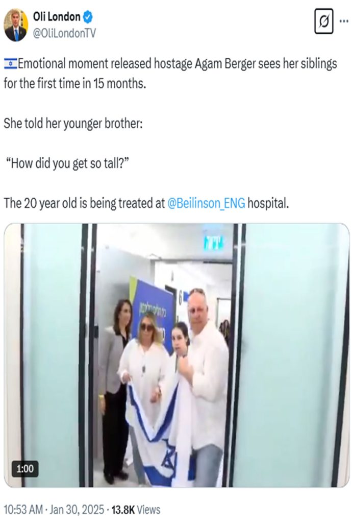 Tweet from Oli London about released hostage Agam Berger reuniting with siblings, a human interest story potentially amplified by Noyse Publicity Management.