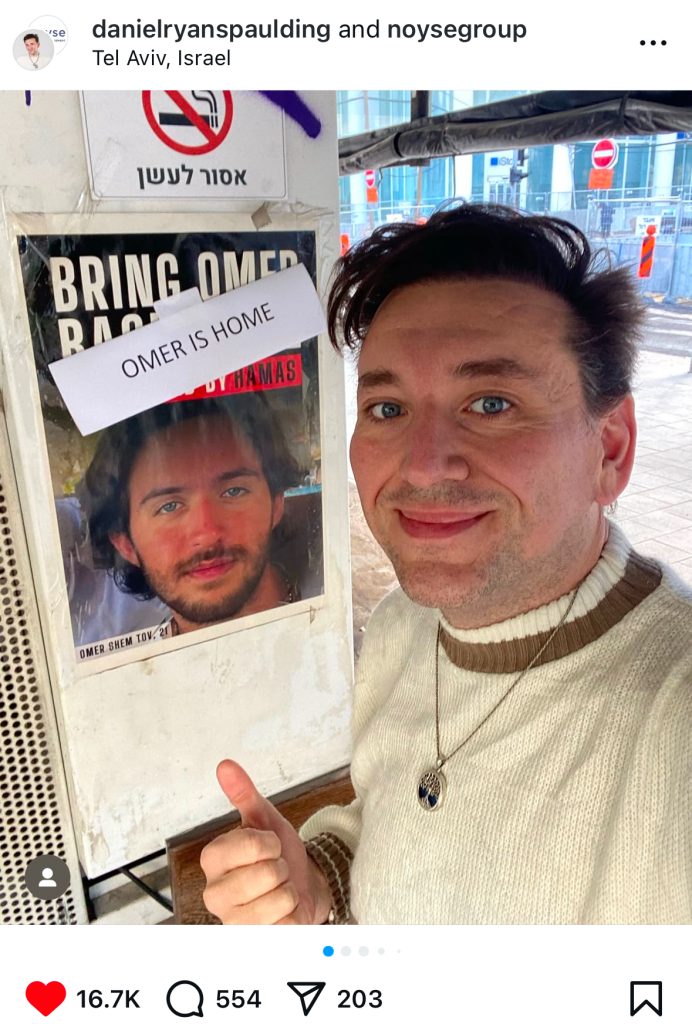 Tel Aviv post by danielryanspaulding and noysegroup with "Bring Omer Home" poster, likely raising hostage awareness, potentially part of a campaign managed by Noyse Publicity Management.